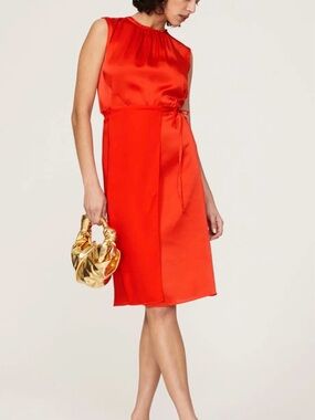 Atlein Collective x RTR Fiery Red Satin Tie-Waist Midi Dress